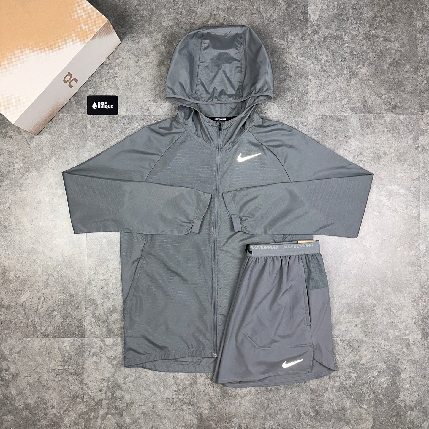 Nike Essential Windrunner Jacket Grey & Grey Flex Stride Shorts Set