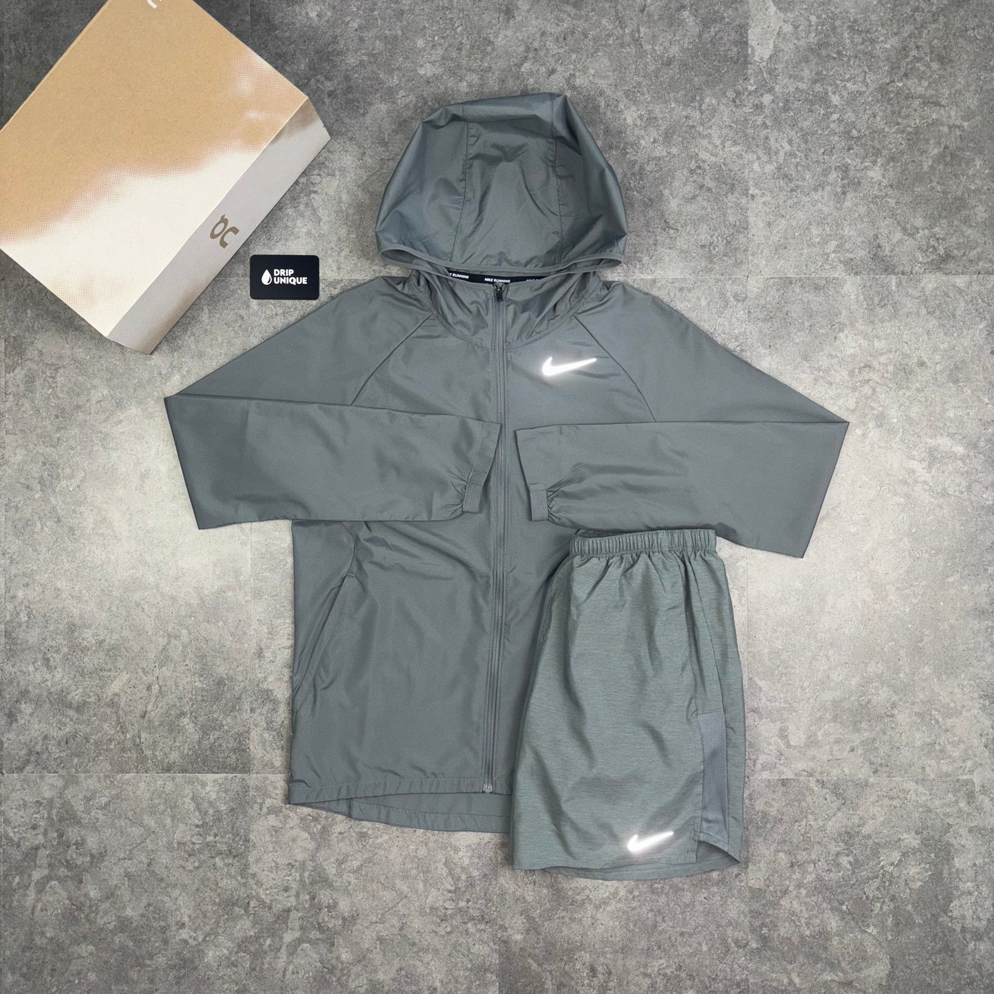 Nike Essential Windrunner Jacket Grey & Grey Challenger Shorts Set
