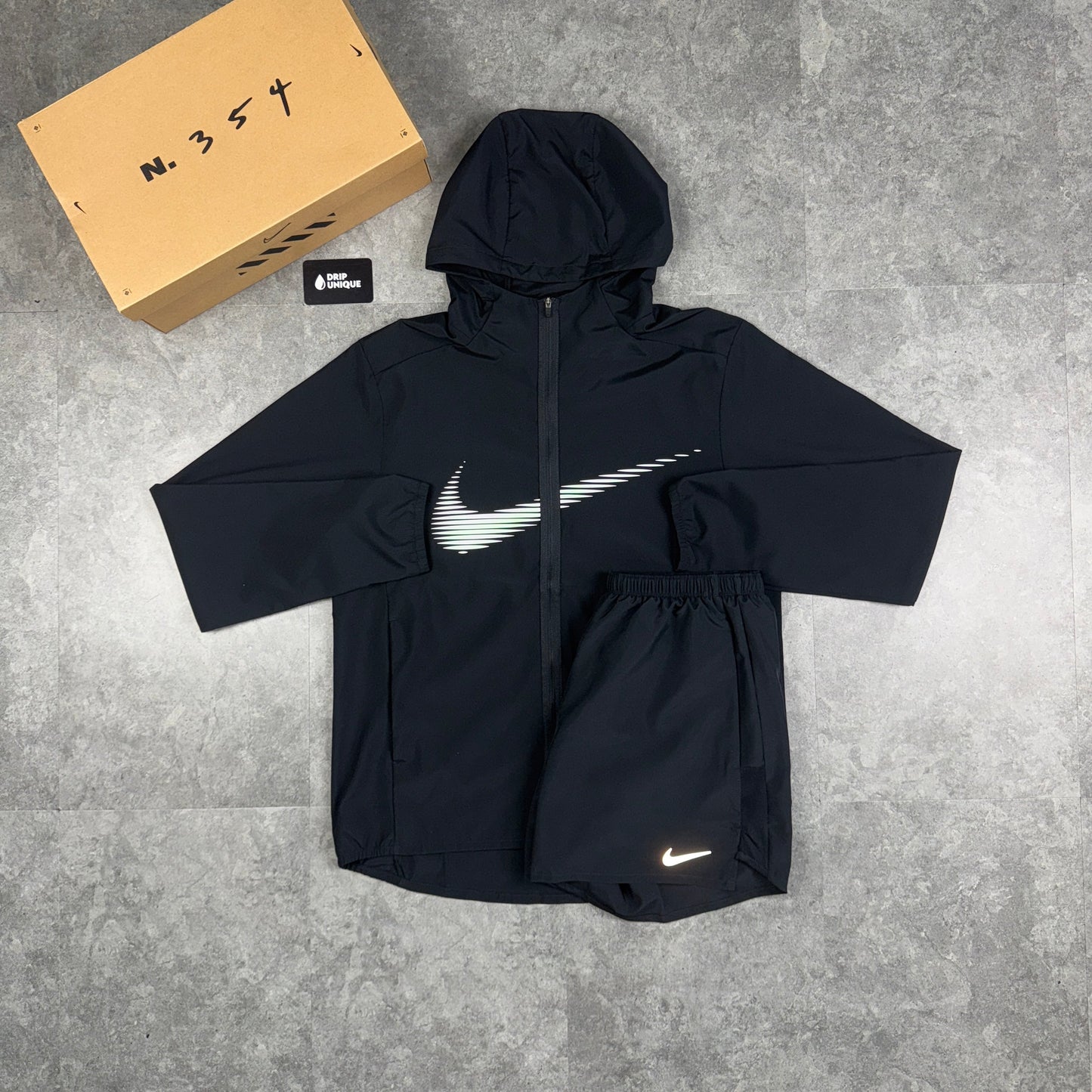 Nike Dri-Fit Form HD Swoosh Windrunner Jacket Black & Black Nike Challenger Shorts Set