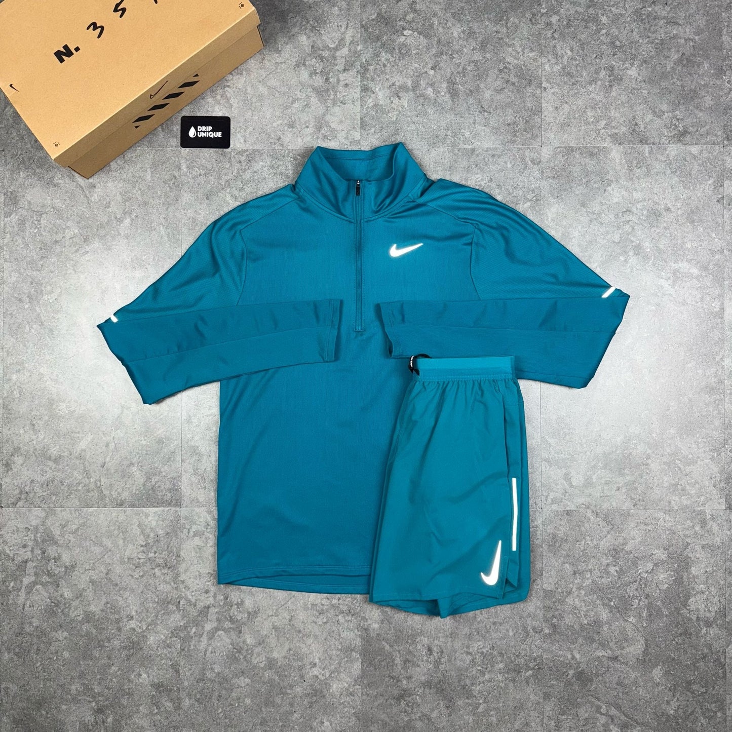 Nike Element 1/4 Zip Top Aqua Blue & Aqua Blue Flex Stride Shorts Set