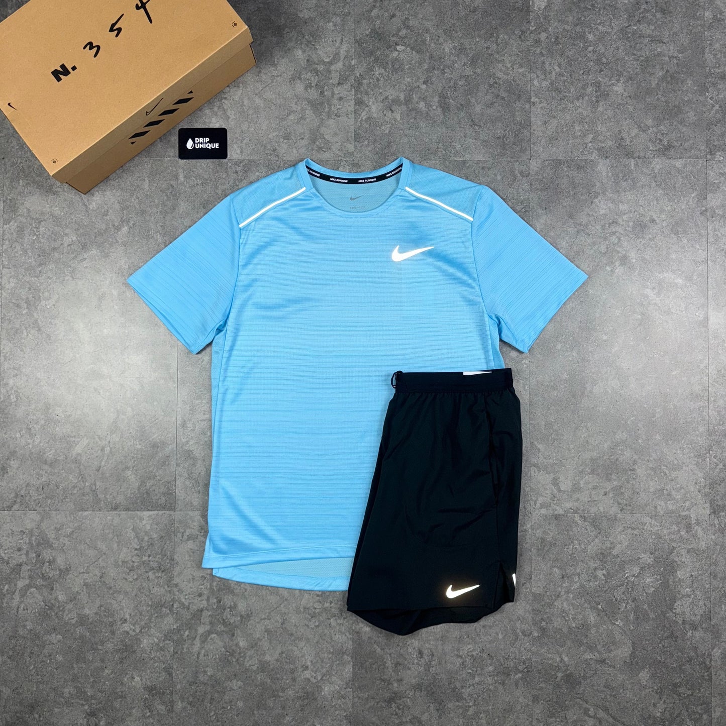 Nike Miler T-Shirt Aquarius Blue & Black Flex Stride Shorts Set