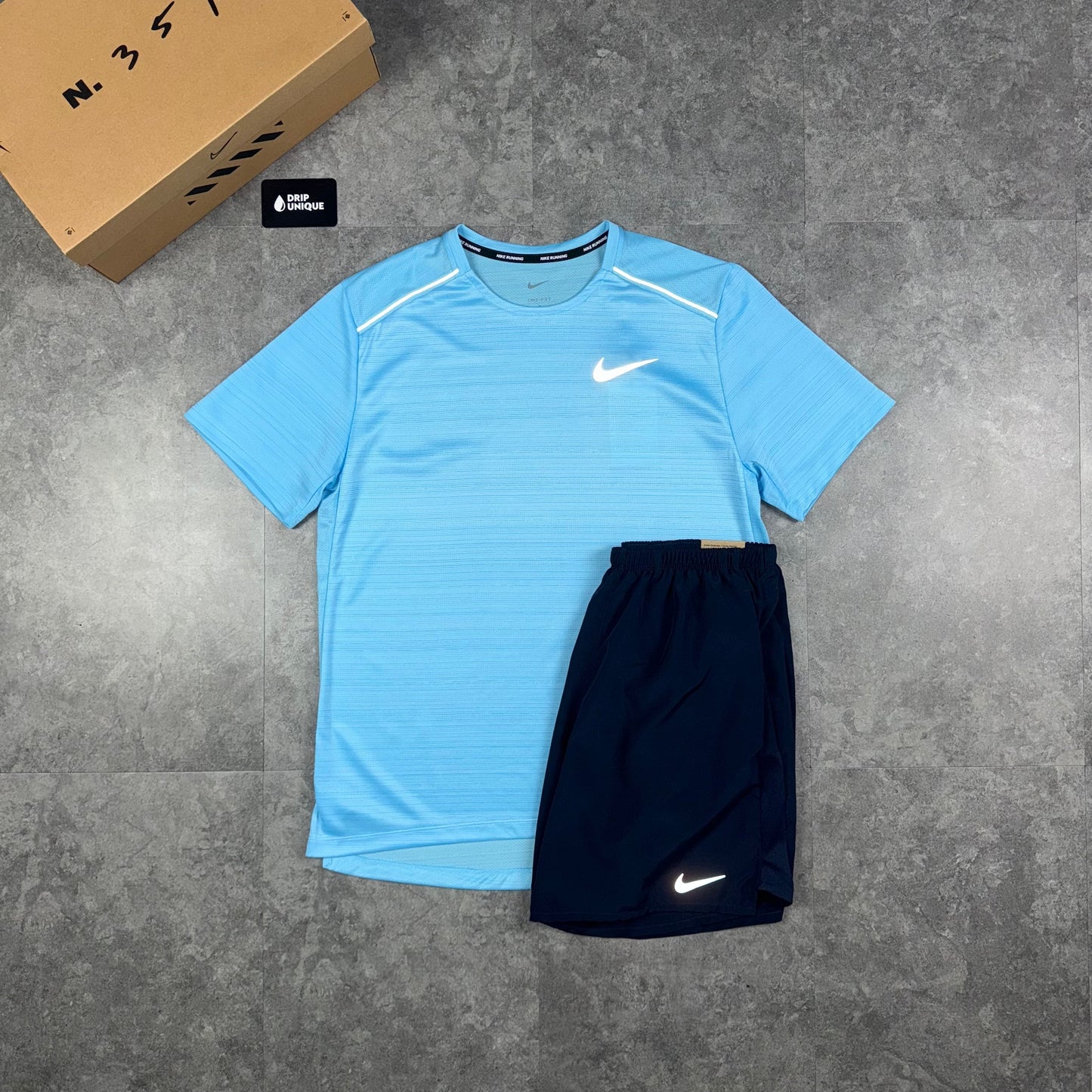 Nike Miler T-Shirt Aquarius Blue & Navy Blue Challenger Shorts Set