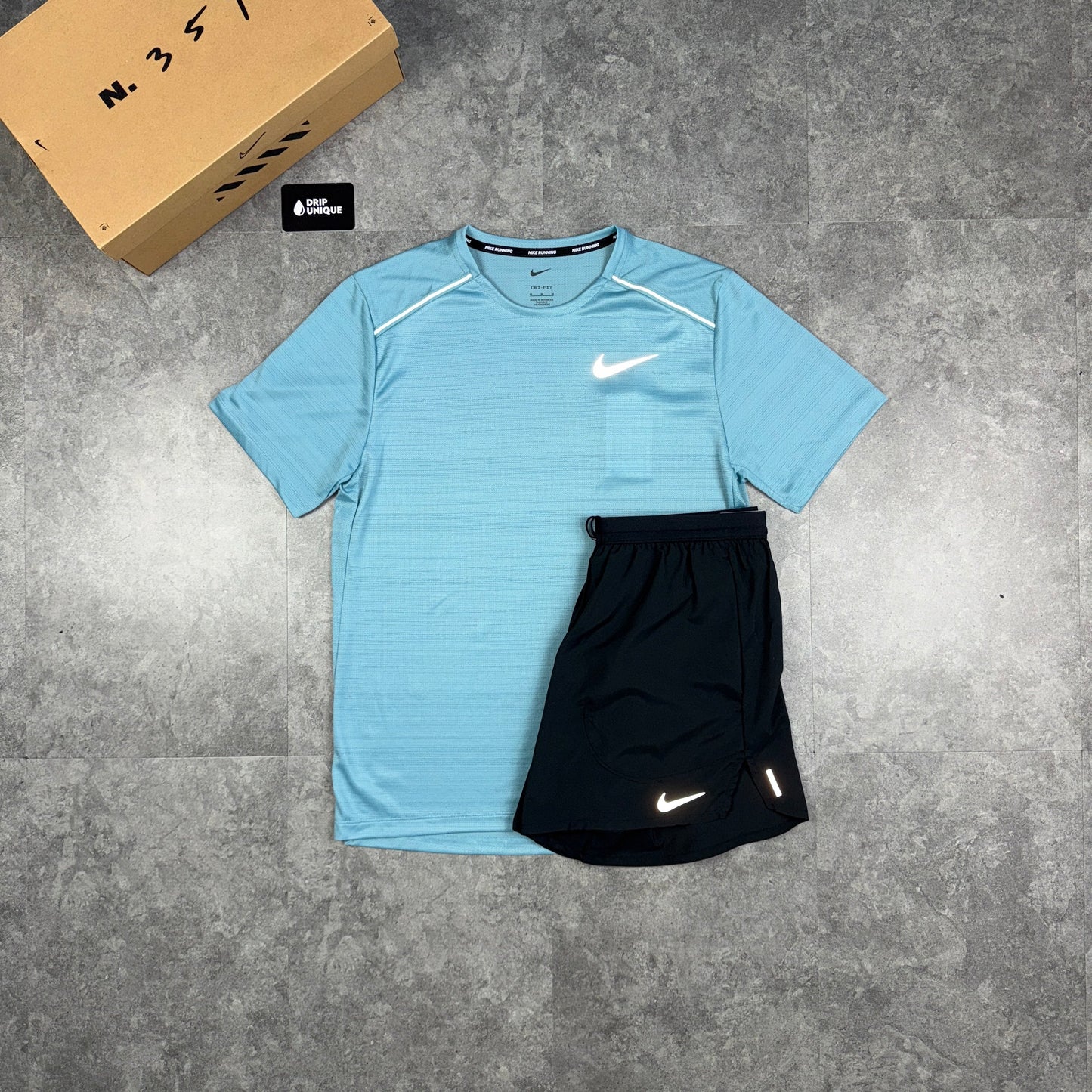 Nike Miler T-Shirt Denim Turqouise & Black Flex Stride Shorts Set