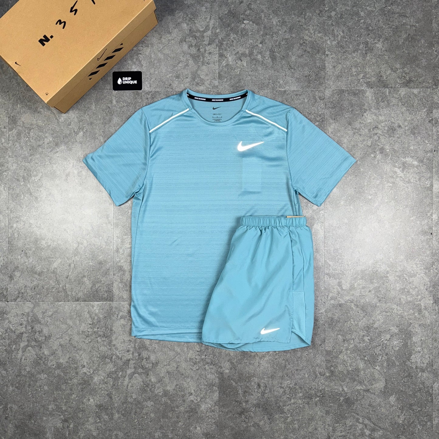 Nike Miler T-Shirt Denim Turqouise & Denim Turquoise Challenger Shorts Set