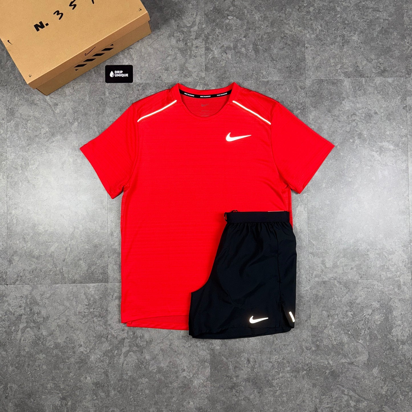 Nike Miler T-Shirt Light Crimson Red & Black Flex Stride Shorts Set