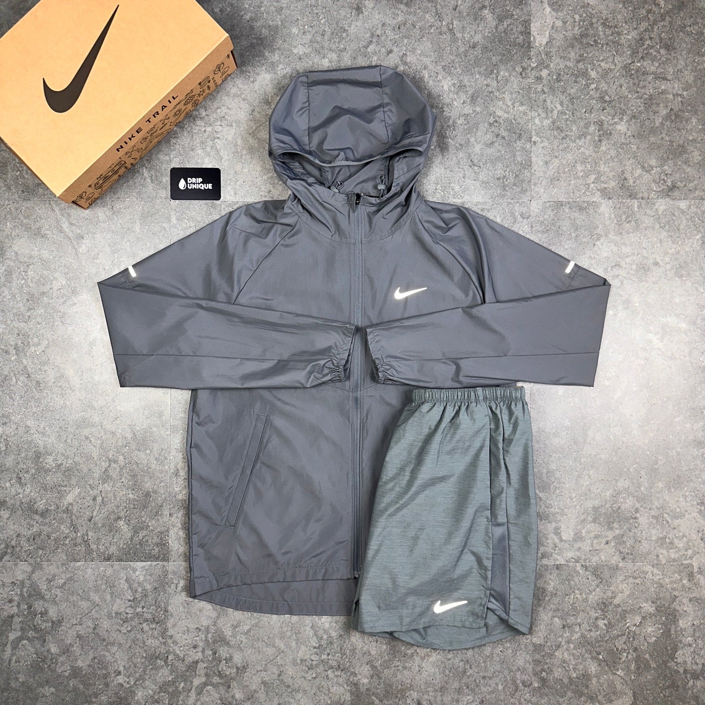 Nike Repel Miler Windrunner Jacket Grey & Grey Challenger Shorts Set