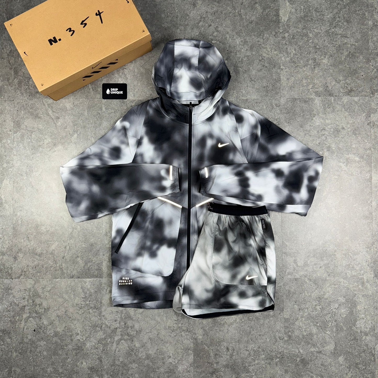 Nike Running Division Distorted Windrunner Jacket Black & Black Running Division Shorts Set