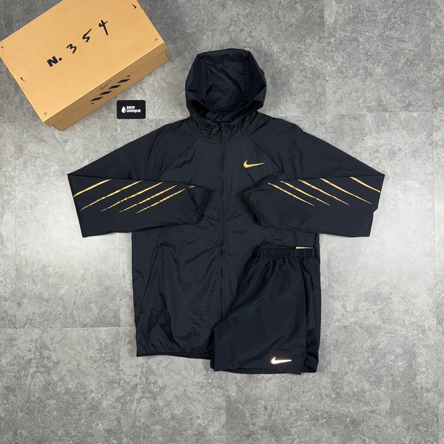 Nike UV Windrunner Jacket Black & Gold & Black Challenger Shorts Set