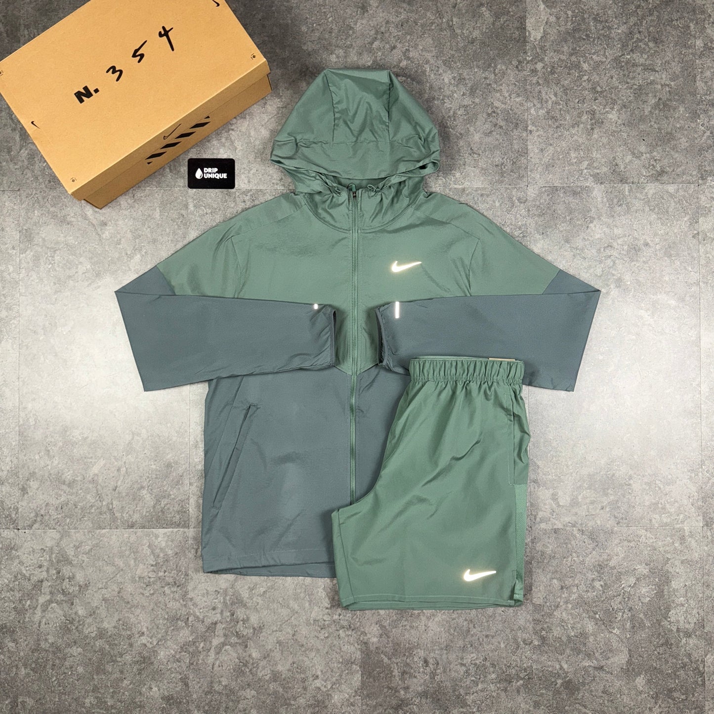 Nike UV Windrunner Jacket Clay Green & Green Challenger Shorts Set
