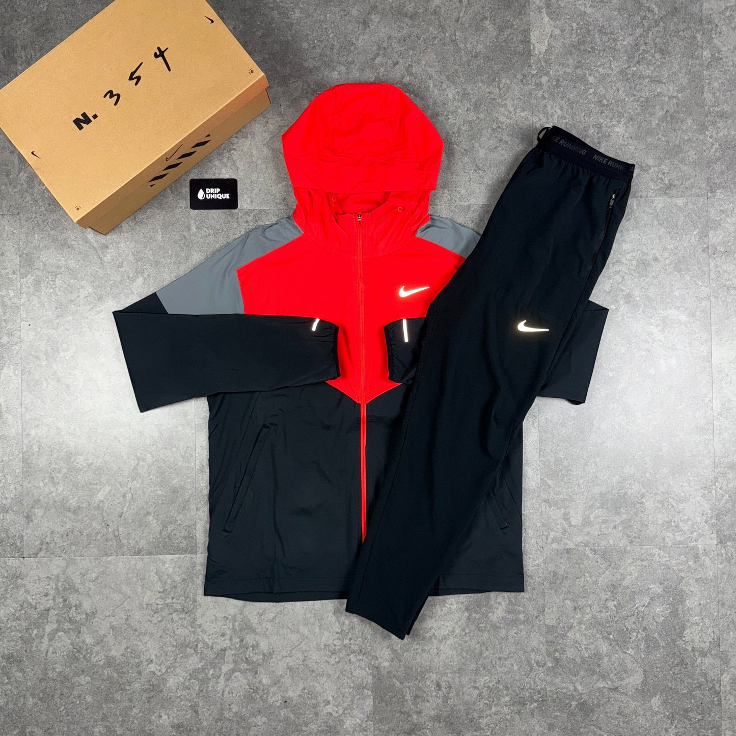 Nike UV Windrunner Jacket Light Crimson Red & Black Nike Phenom Pants Set