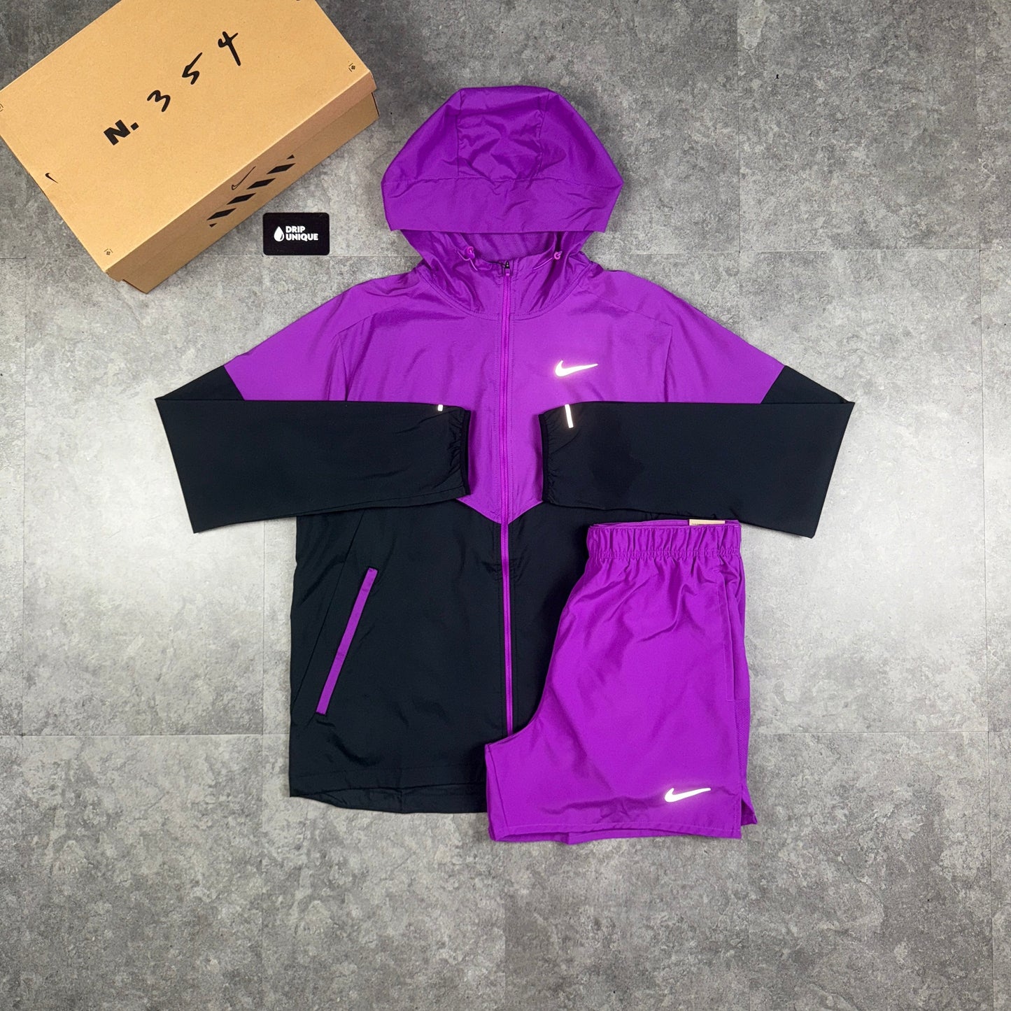 Nike UV Windrunner Jacket Vivid Purple & Purple Challenger Shorts Set