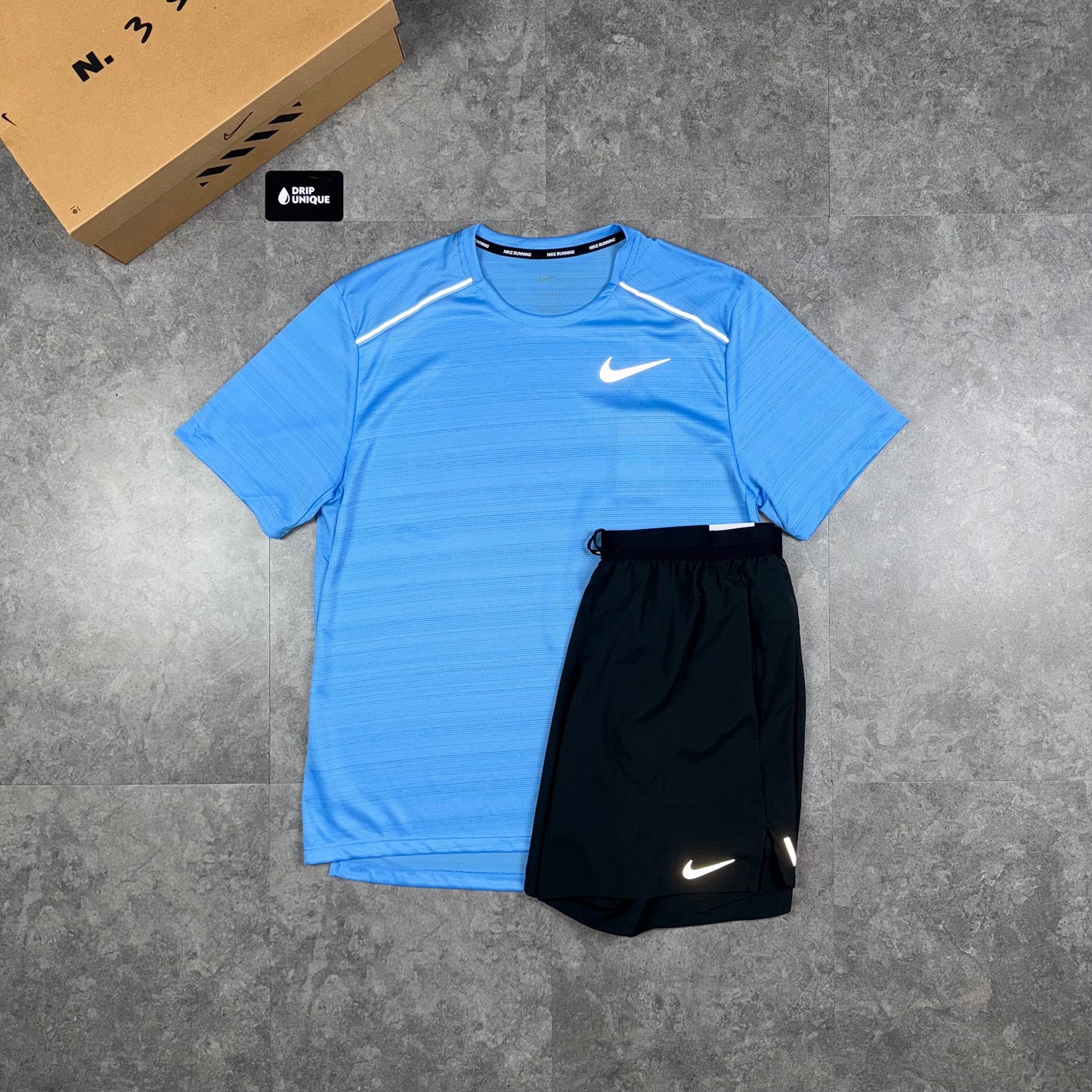 Nike Miler T-Shirt University Blue & Black Flex Stride Shorts Set
