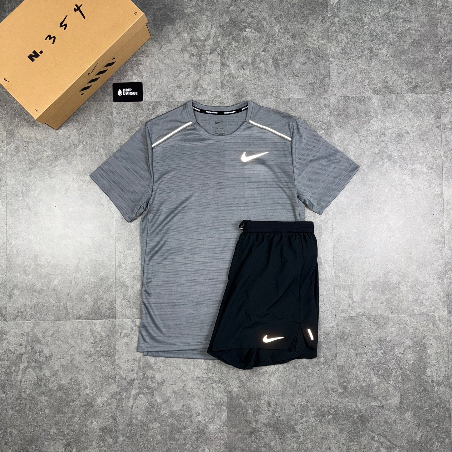 Nike Miler T-Shirt Grey & Black Flex Stride Shorts Set