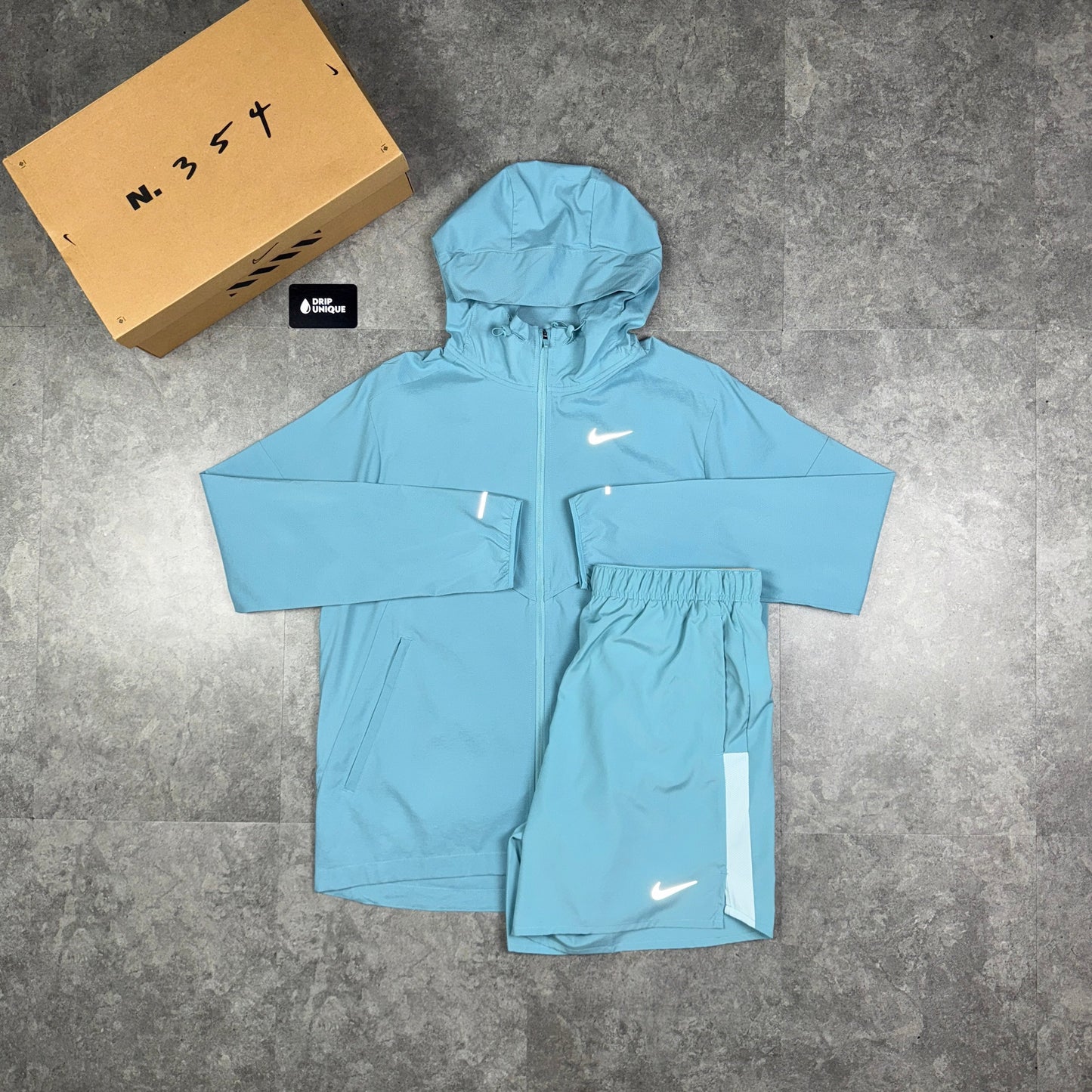 Nike UV Windrunner Jacket Denim Turquoise & Challenger Shorts Set