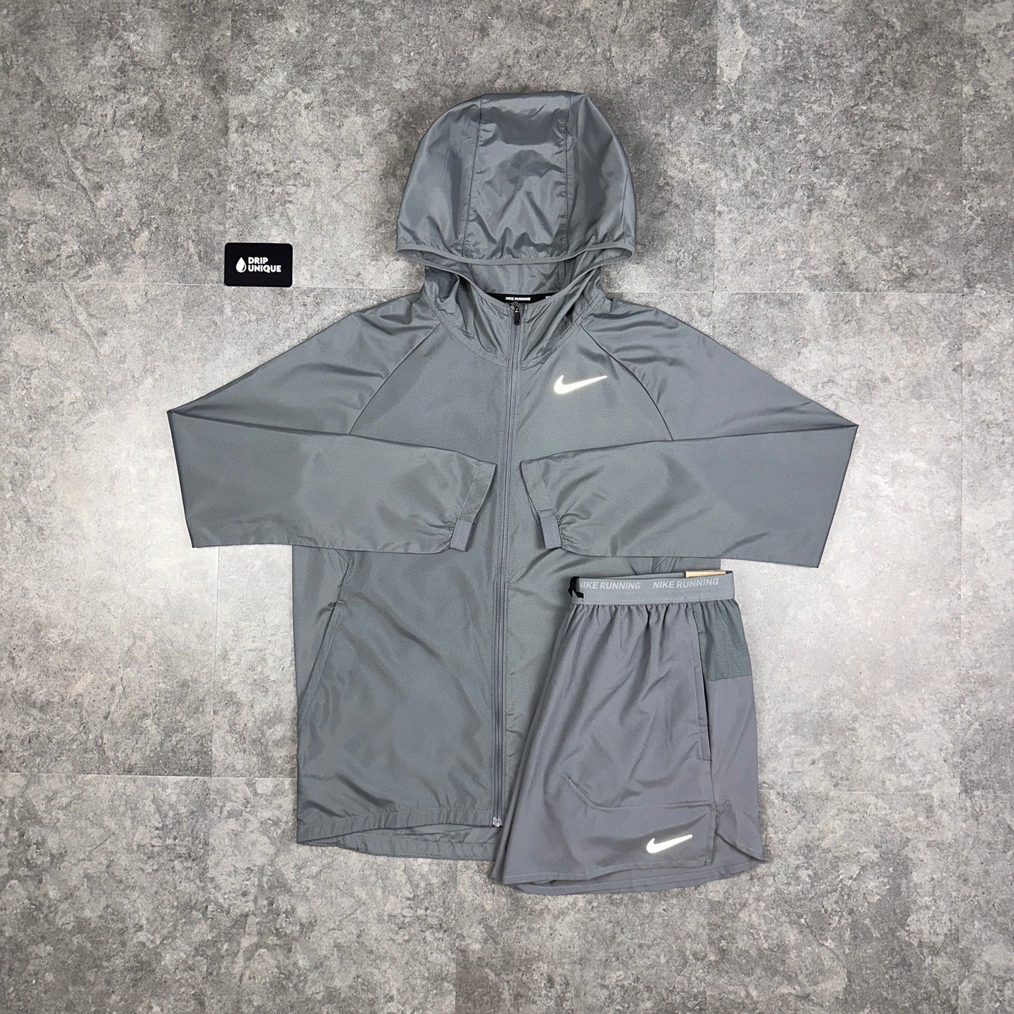 Nike Essential Windrunner Jacket Grey & Grey Flex Stride Shorts Set