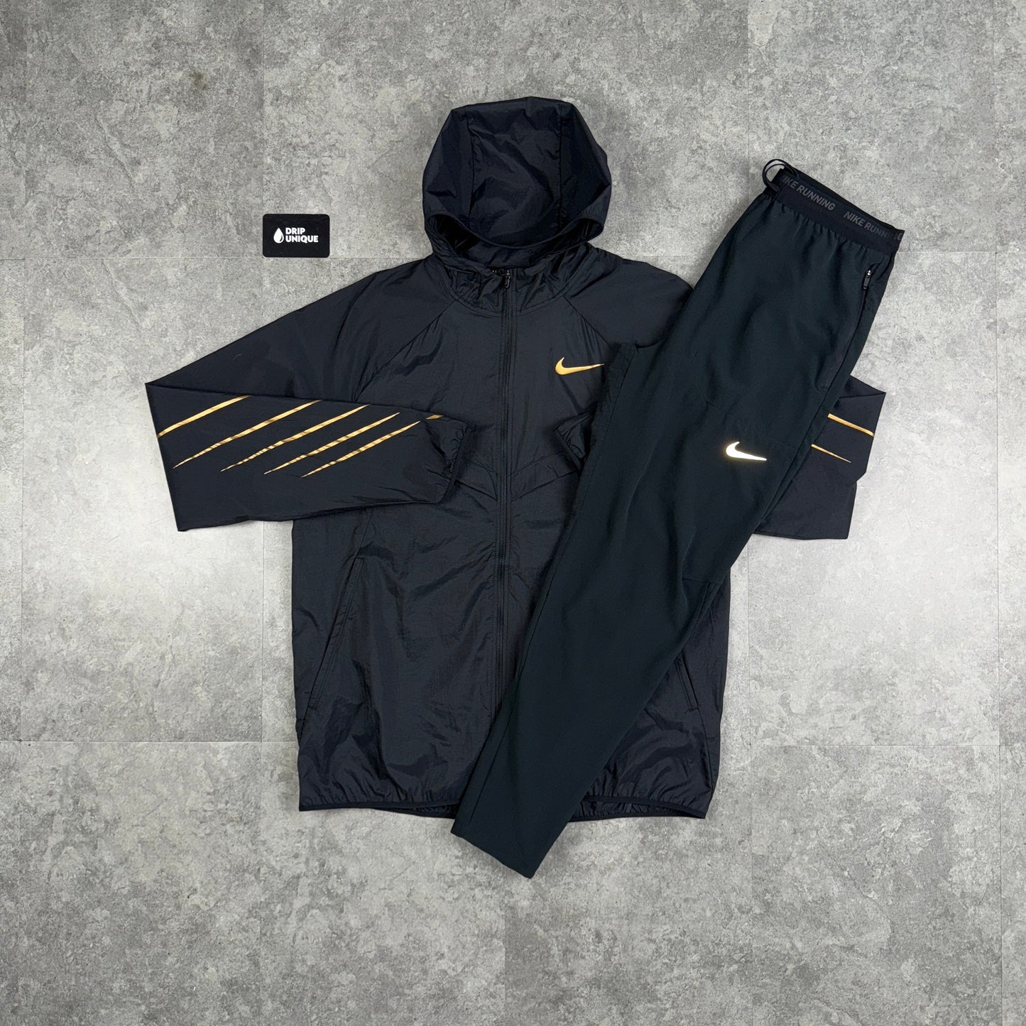 Nike UV Windrunner Jacket Black & Gold & Black Nike Phenom Pants Set