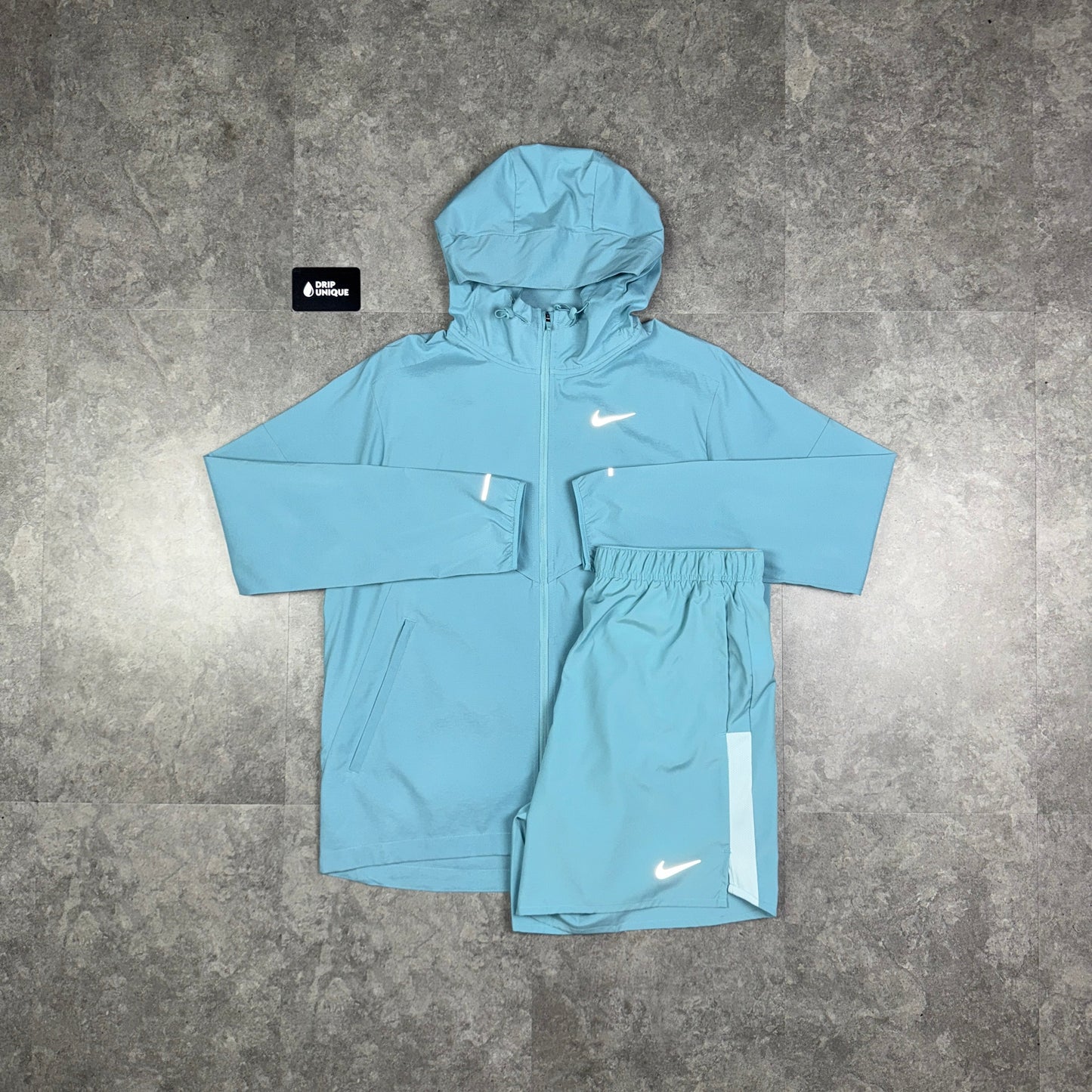 Nike UV Windrunner Jacket Denim Turquoise & Challenger Shorts Set