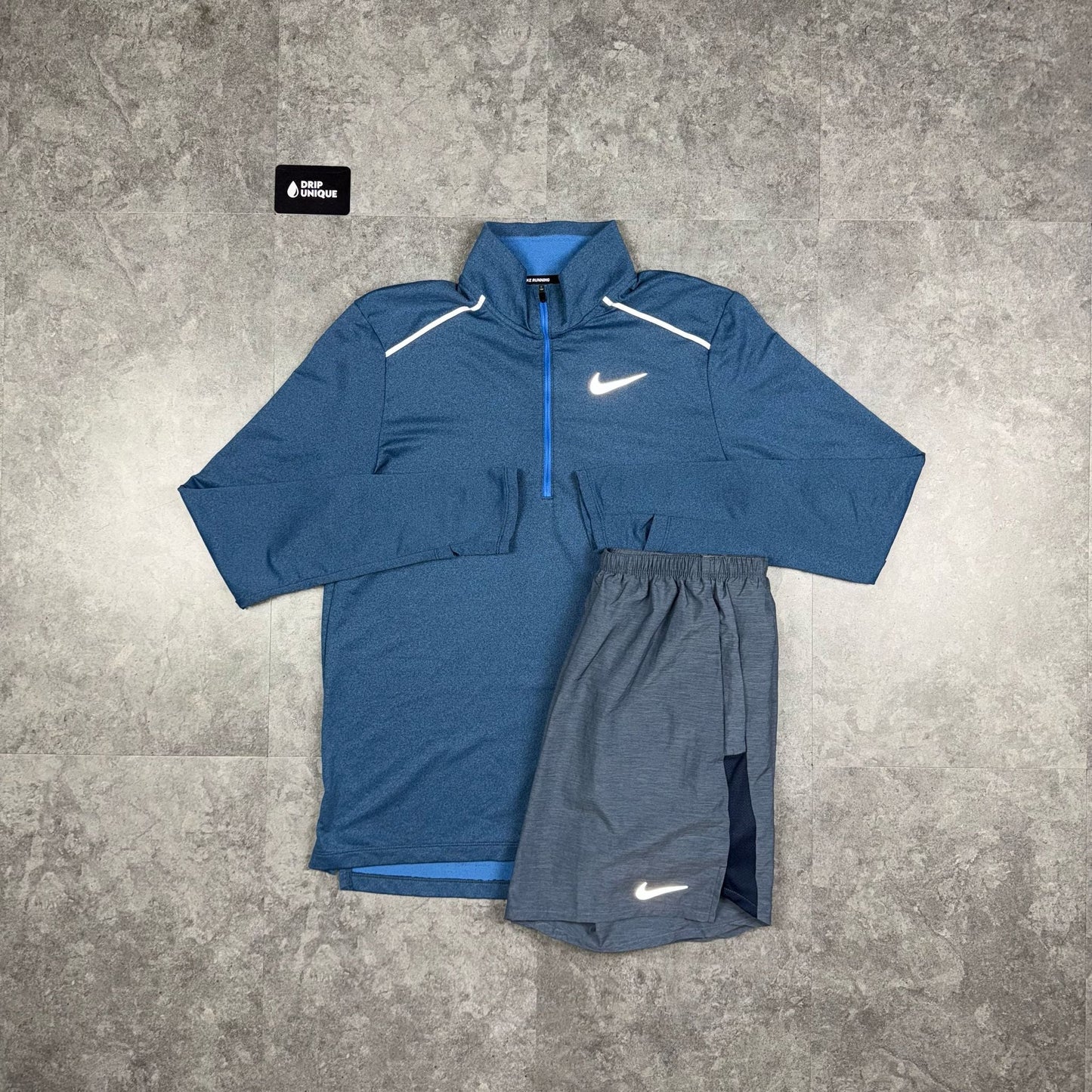 Nike Element 3.0 1/4 Zip Top Obsidian & Obsidian Challenger Shorts Set