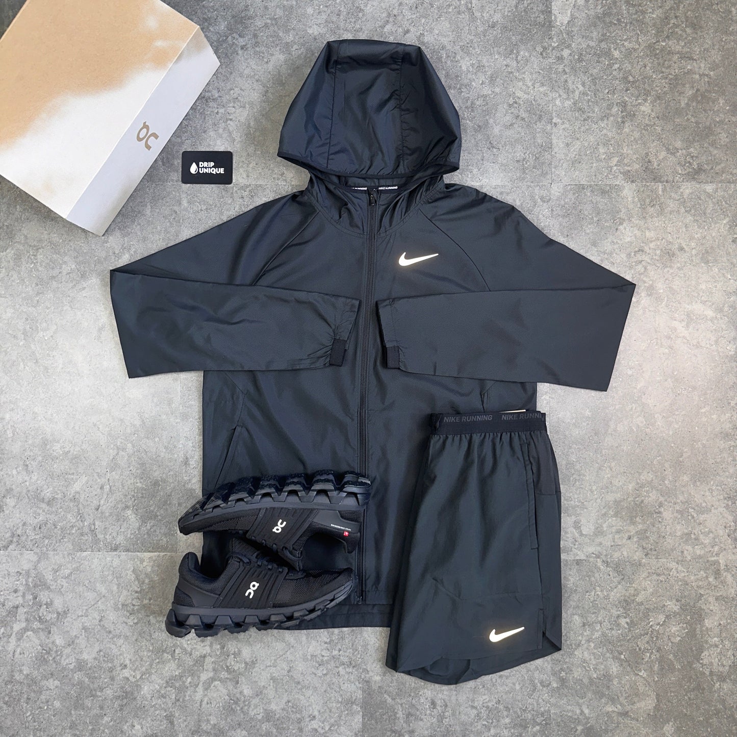 Nike Essential Windrunner Jacket Black & Flex Stride Shorts Set