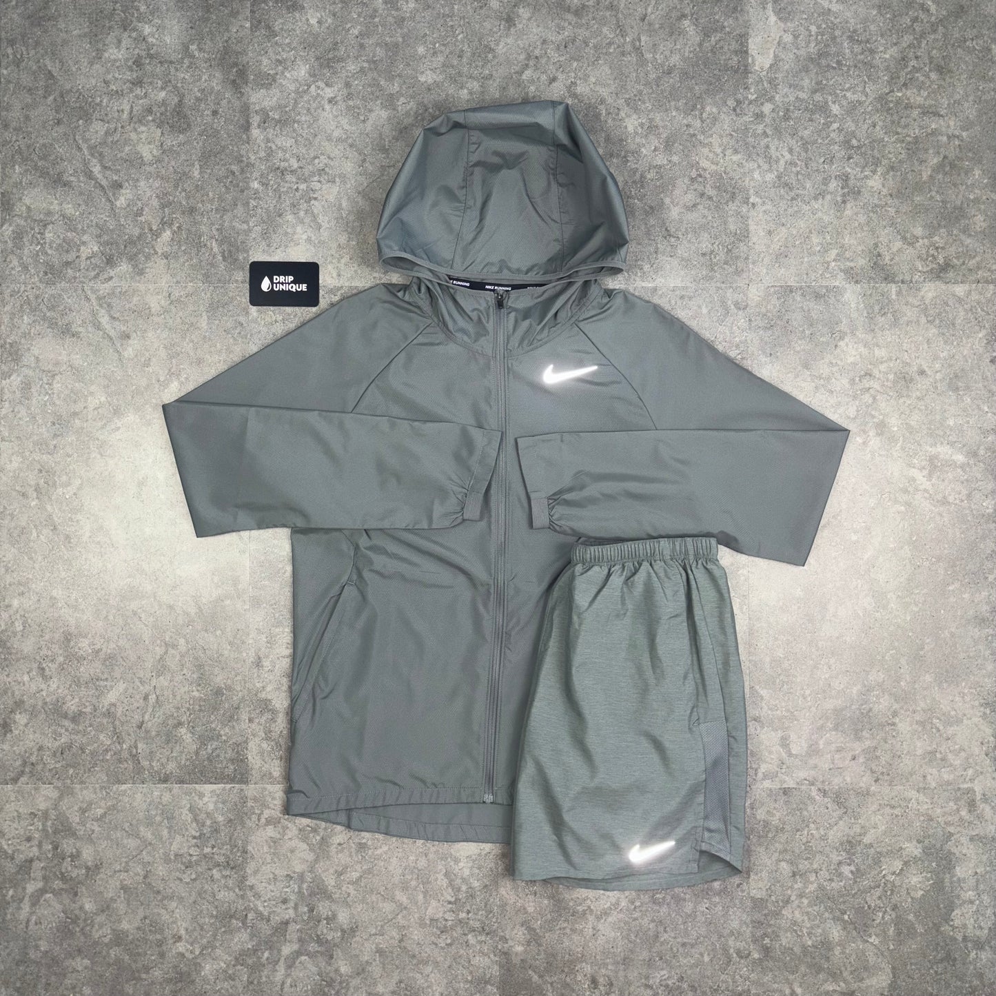 Nike Essential Windrunner Jacket Grey & Grey Challenger Shorts Set