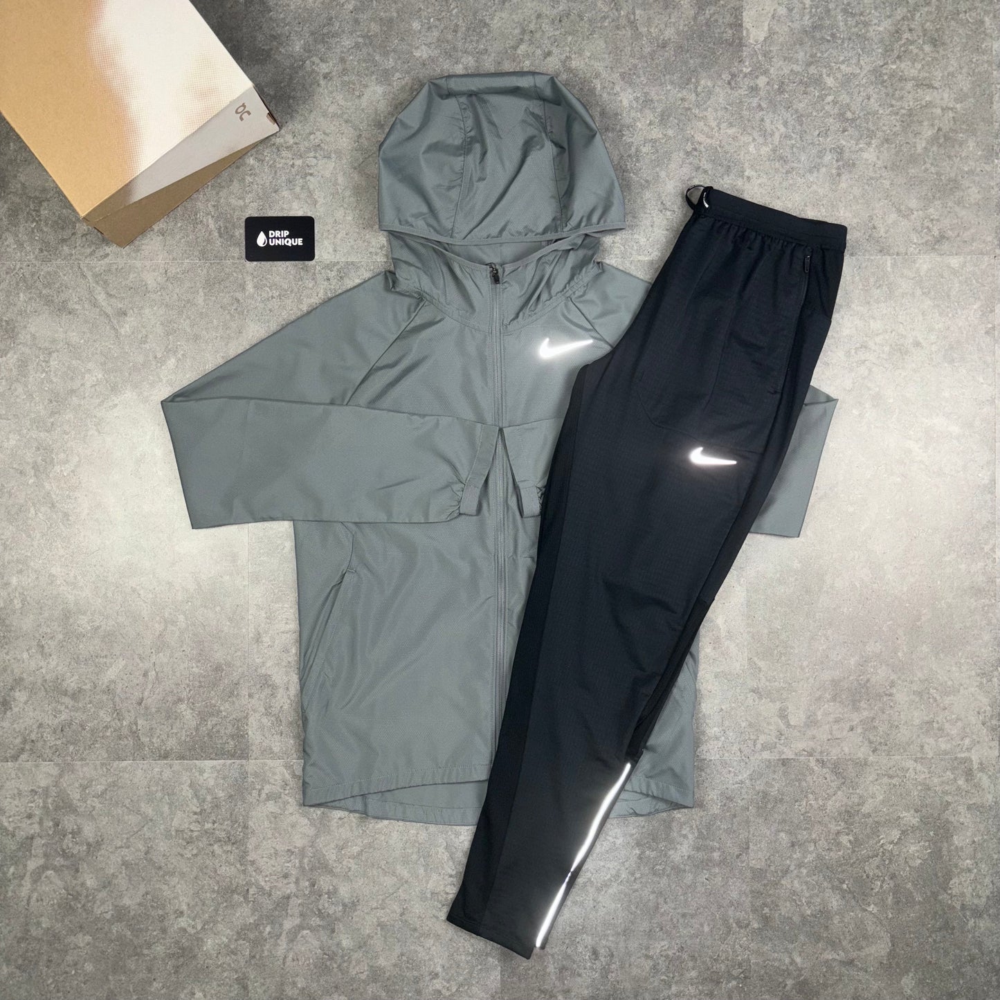 Nike Essential Windrunner Jacket Grey & Black Nike Phenom Pants Set