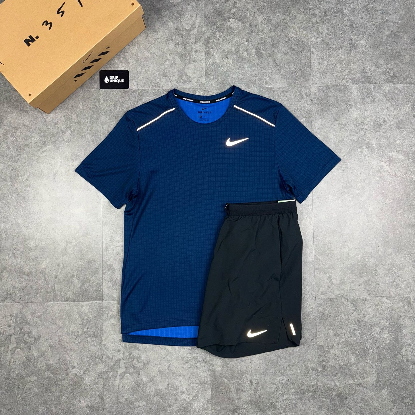 Nike Hex Miler T-Shirt Blue & Black Flex Stride Shorts Set