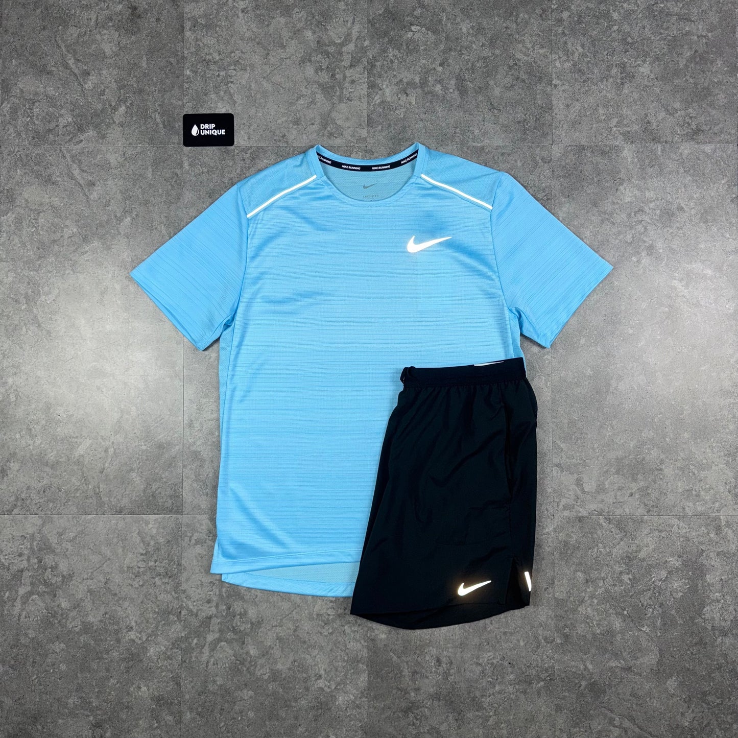 Nike Miler T-Shirt Aquarius Blue & Black Flex Stride Shorts Set