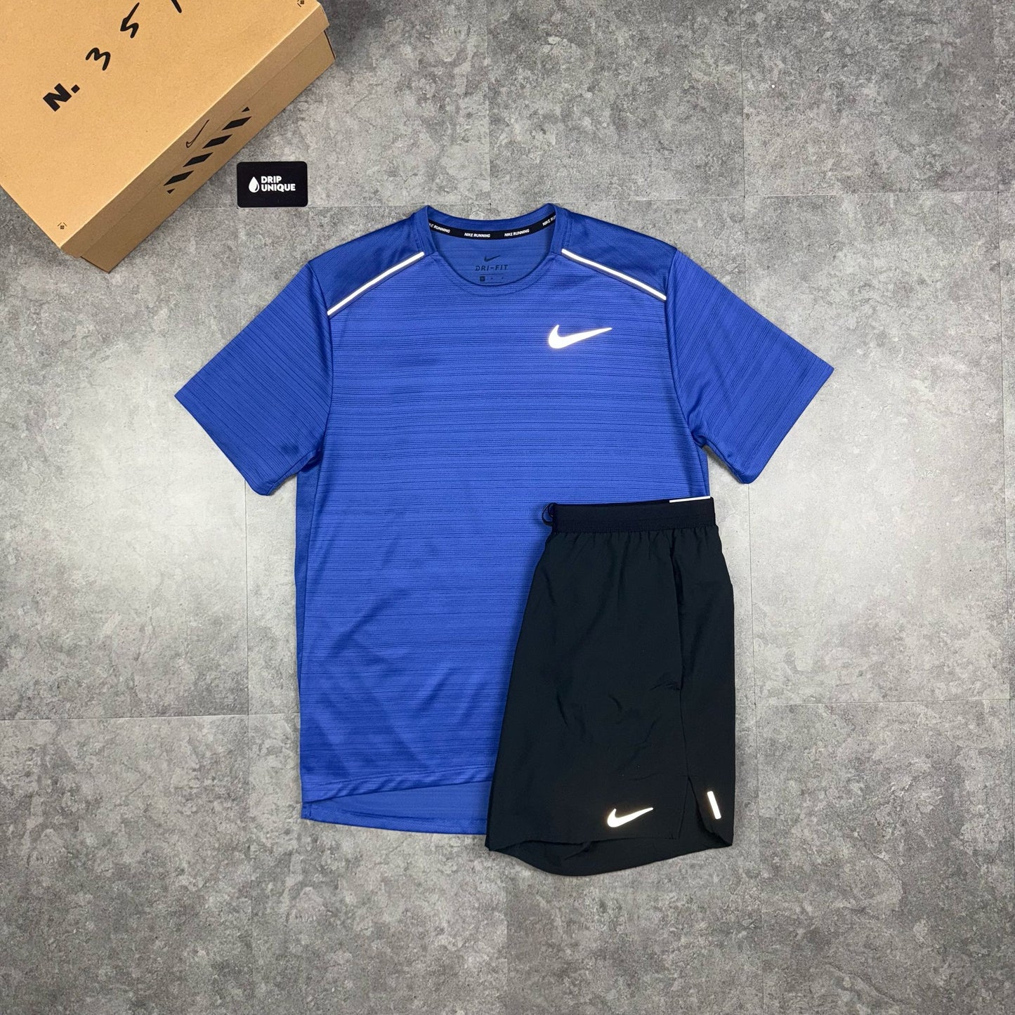 Nike Miler T-Shirt Astronomy Blue & Black Flex Stride Shorts Set