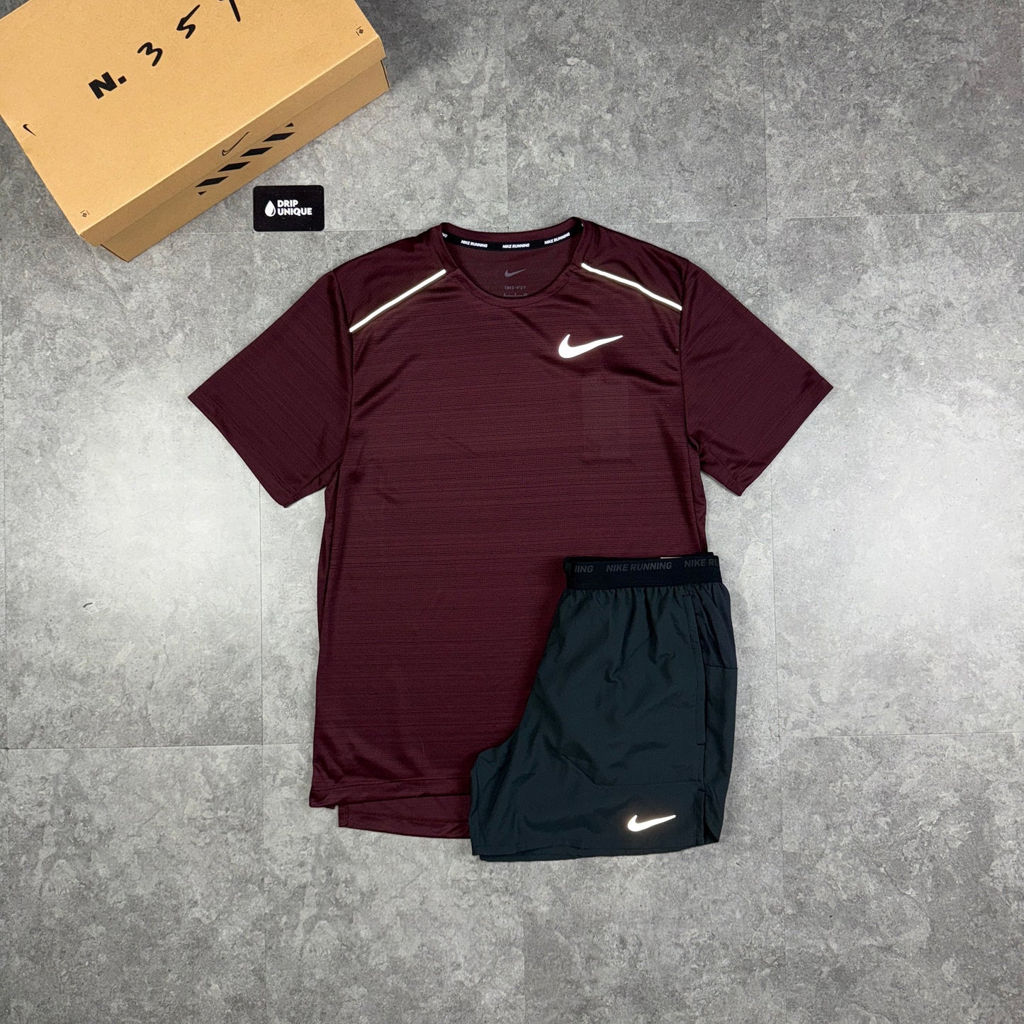 Nike Miler T-Shirt Burgundy Crush & Black Flex Stride Shorts Set
