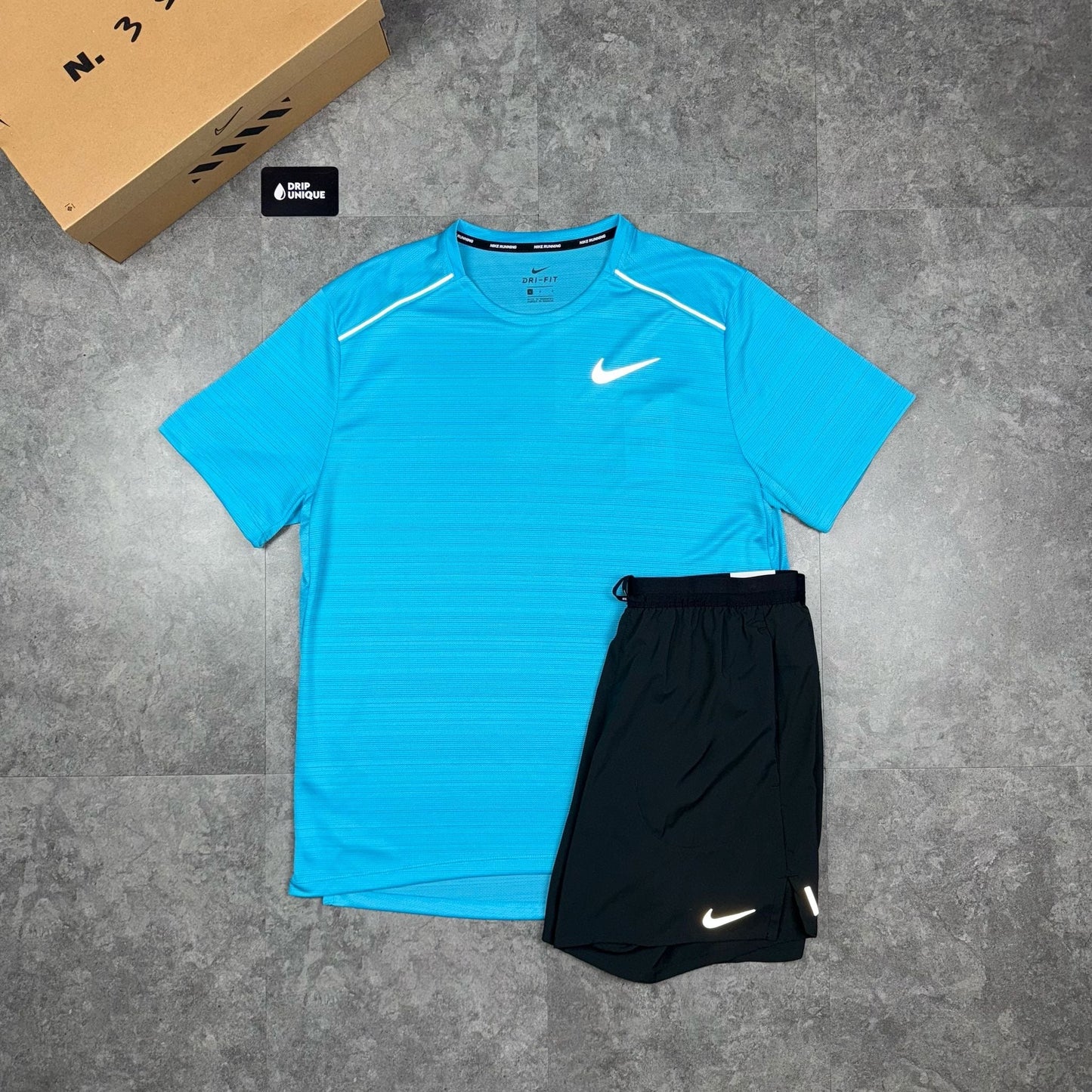 Nike Miler T-Shirt Chlorine Blue & Black Flex Stride Shorts Set