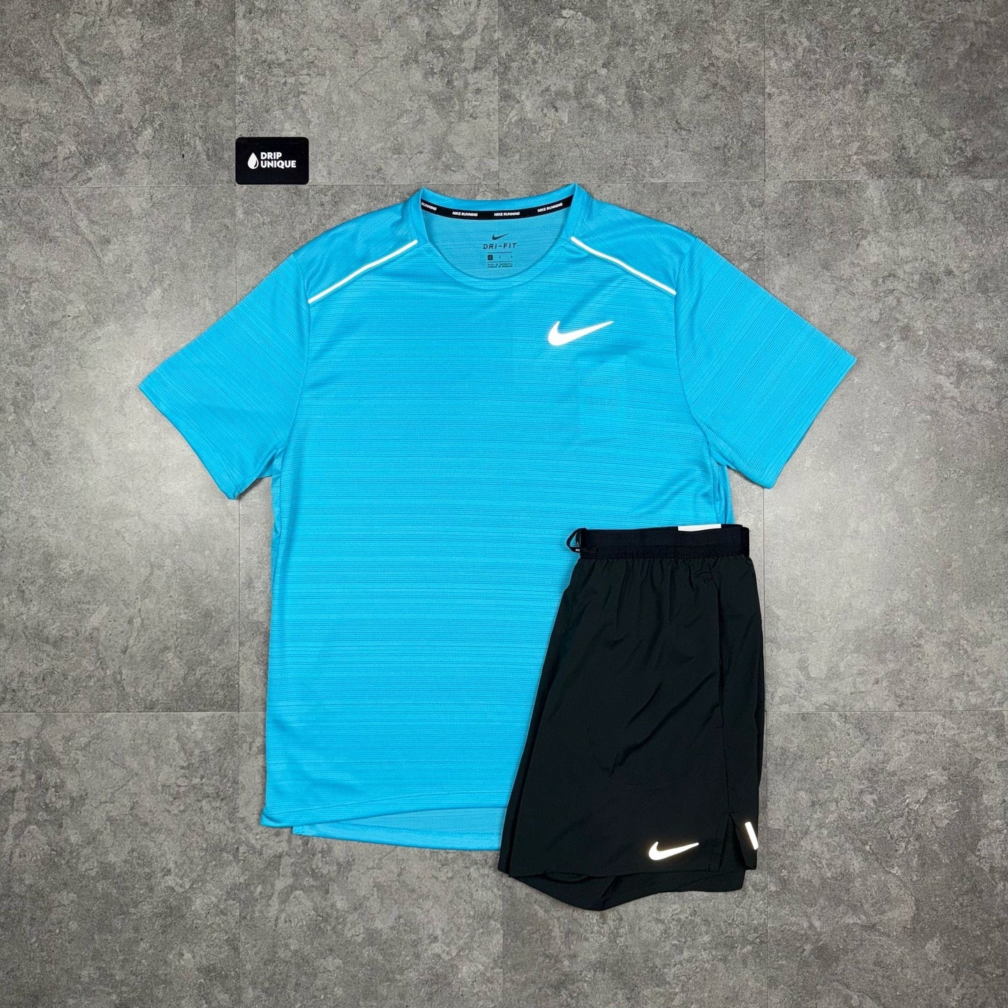 Nike Miler T-Shirt Chlorine Blue & Black Flex Stride Shorts Set