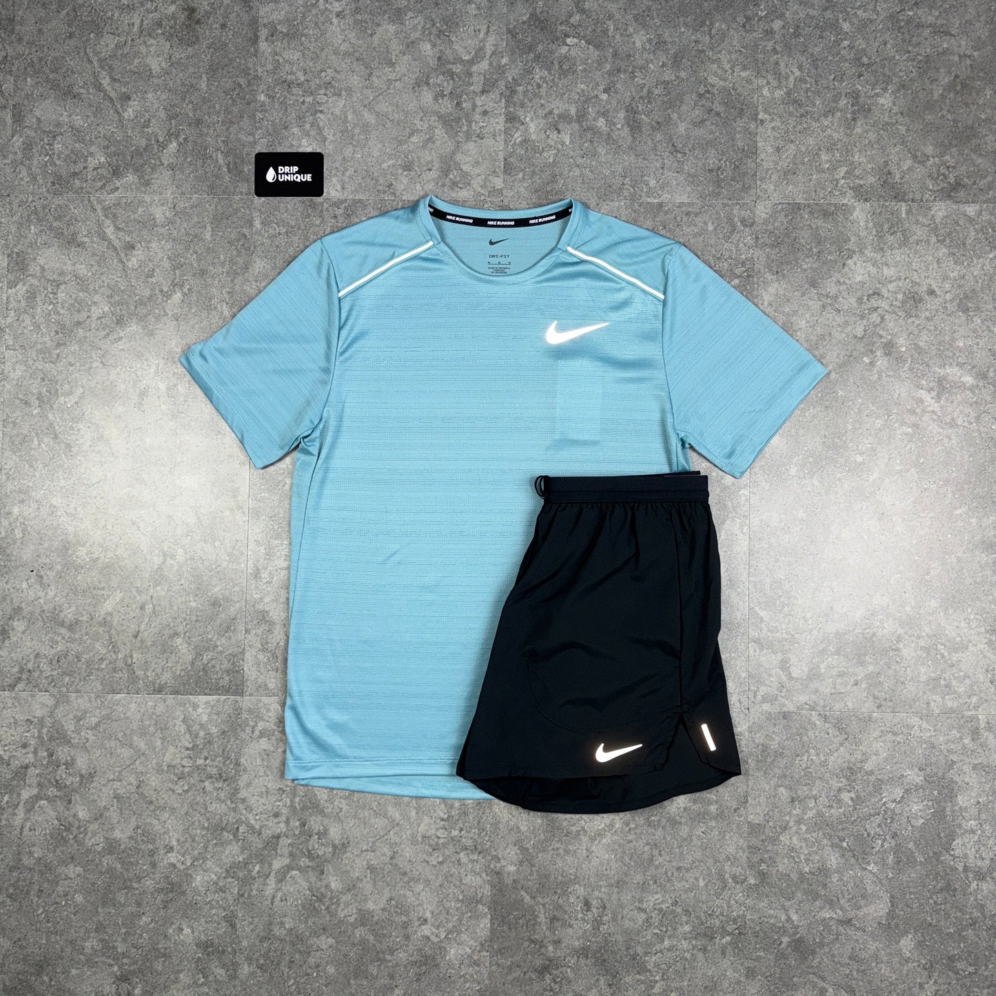 Nike Miler T-Shirt Denim Turqouise & Black Flex Stride Shorts Set