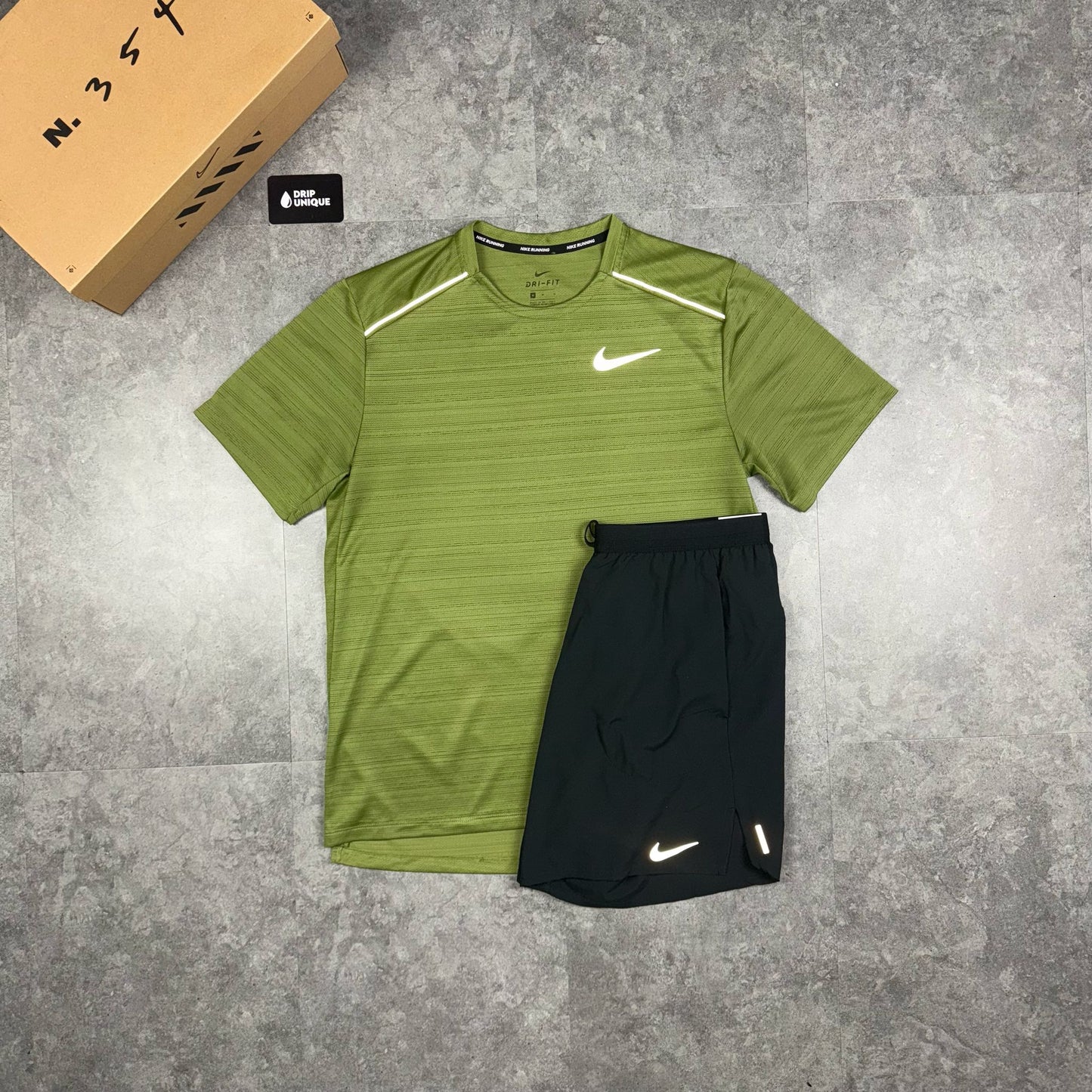 Nike Miler T-Shirt Green & Black Flex Stride Shorts Set