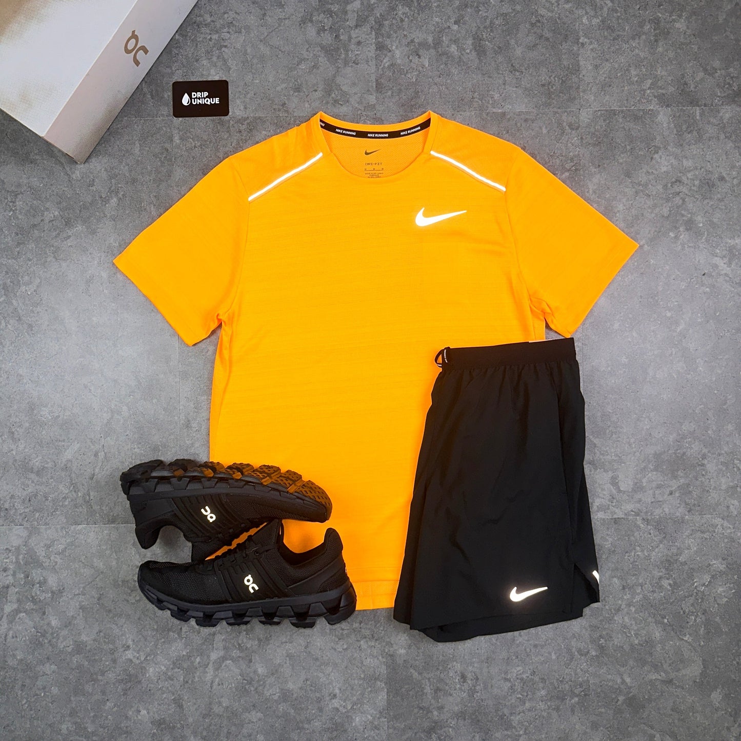 Nike Miler T-Shirt Laser Orange & Black Flex Stride Shorts Set