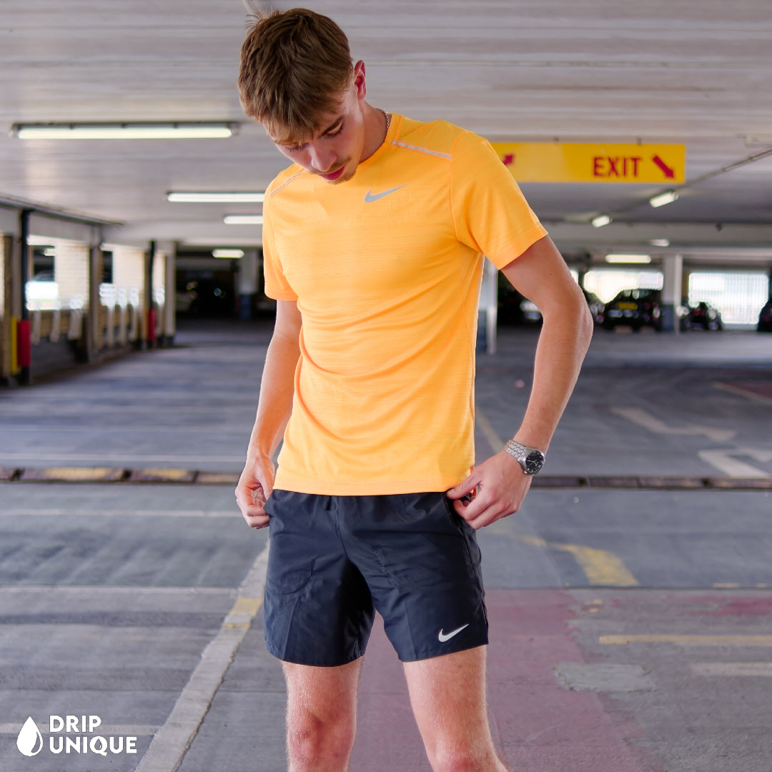Nike Miler T-Shirt Laser Orange & Black Flex Stride Shorts Set