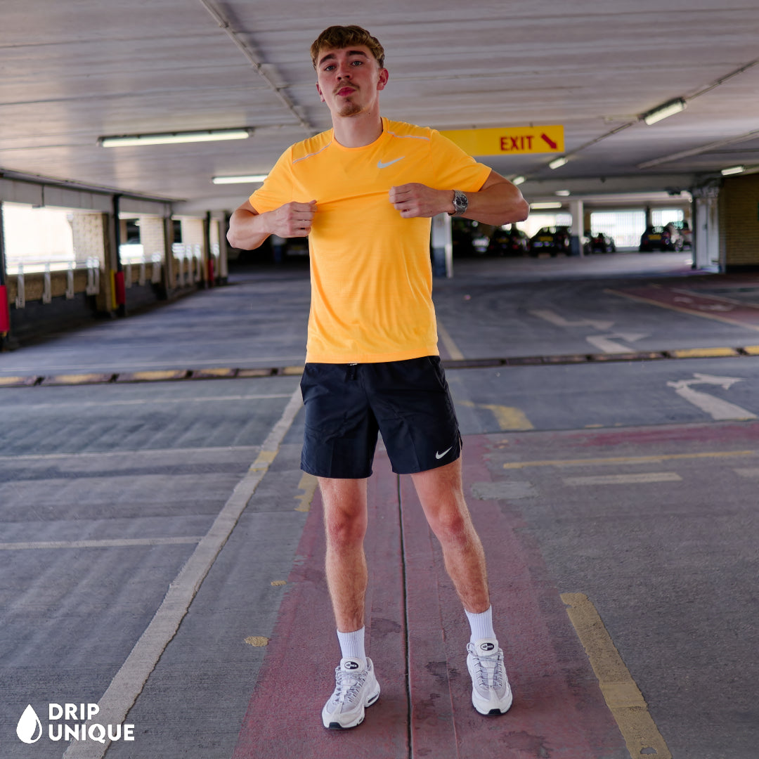 Nike Miler T-Shirt Laser Orange & Black Flex Stride Shorts Set