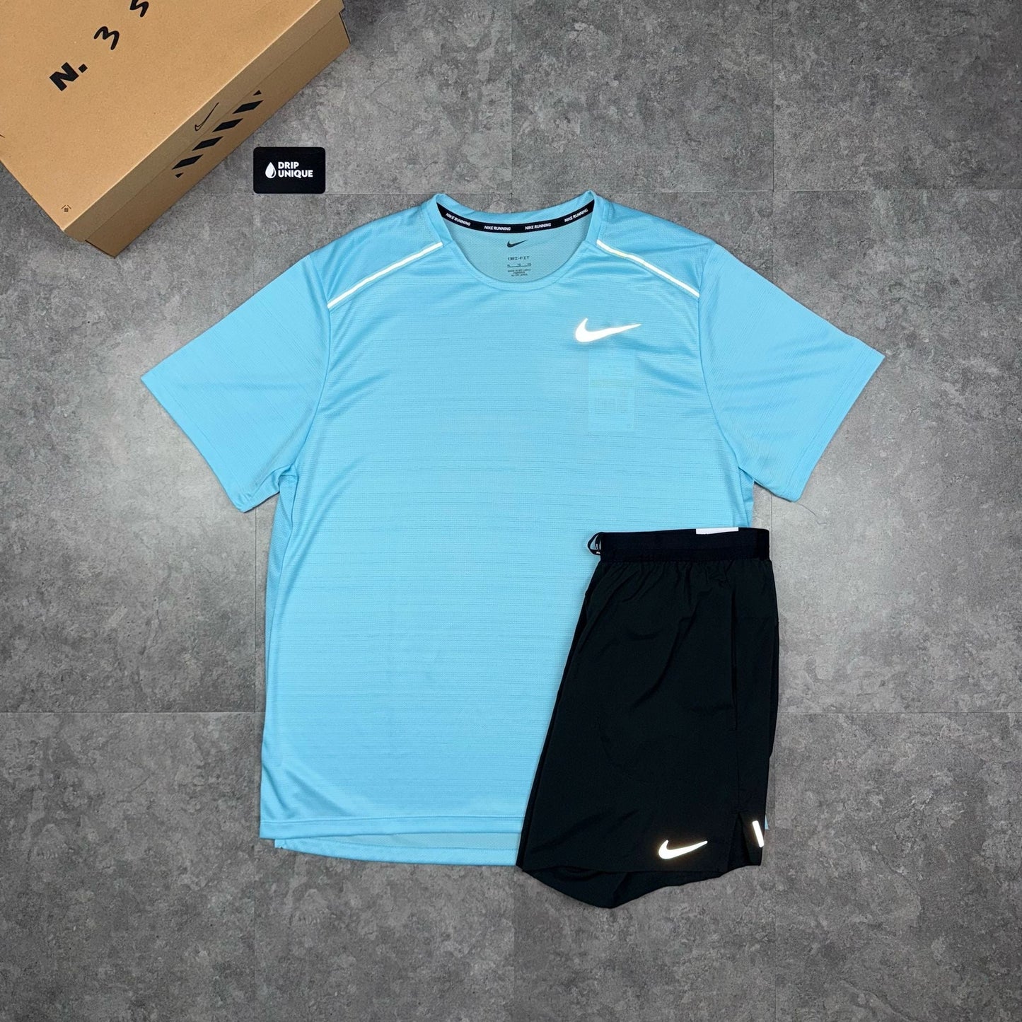 Nike Miler T-Shirt Sky Blue & Black Flex Stride Shorts Set