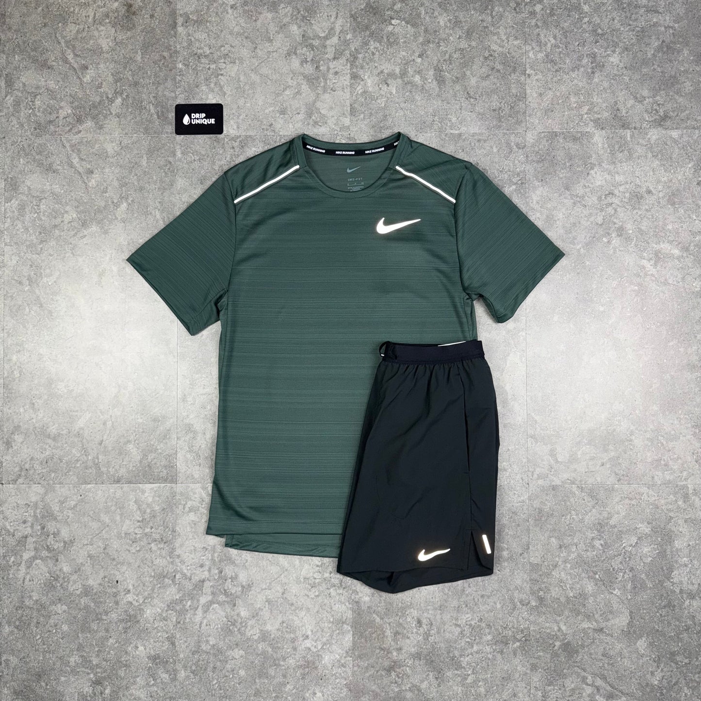 Nike Miler T-Shirt Vintage Green & Black Flex Stride Shorts Set