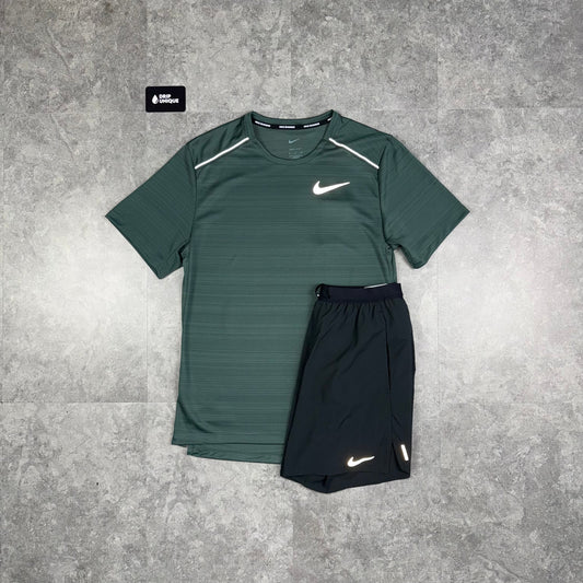 Nike Miler T-Shirt Vintage Green & Black Flex Stride Shorts Set