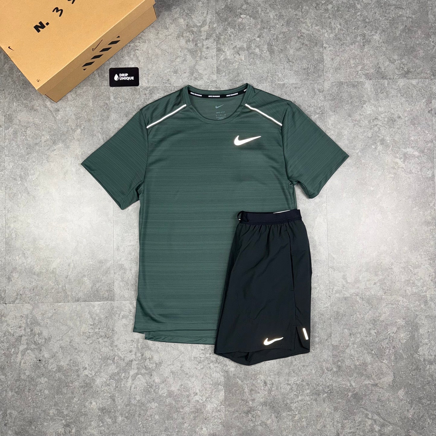 Nike Miler T-Shirt Vintage Green & Black Flex Stride Shorts Set