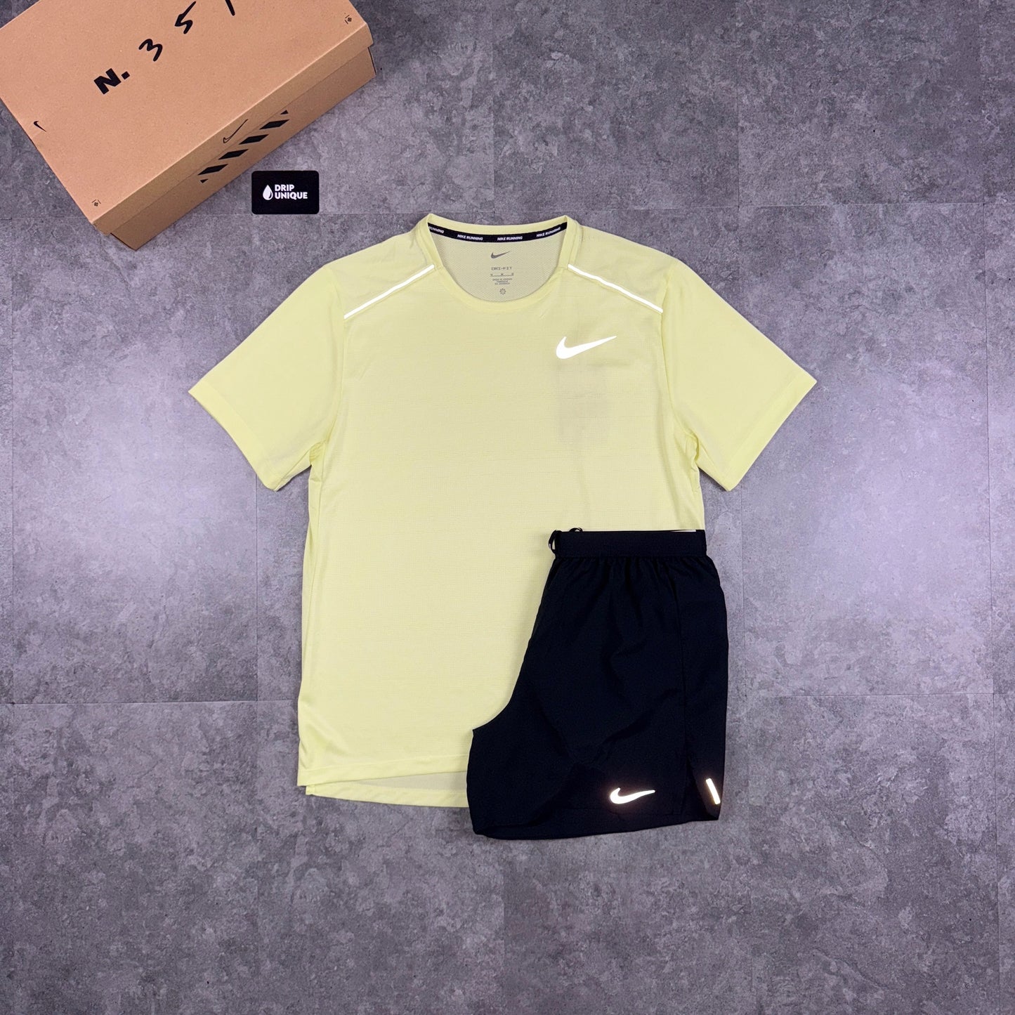 Nike Miler T-Shirt Washed Volt & Black Flex Stride Shorts Set
