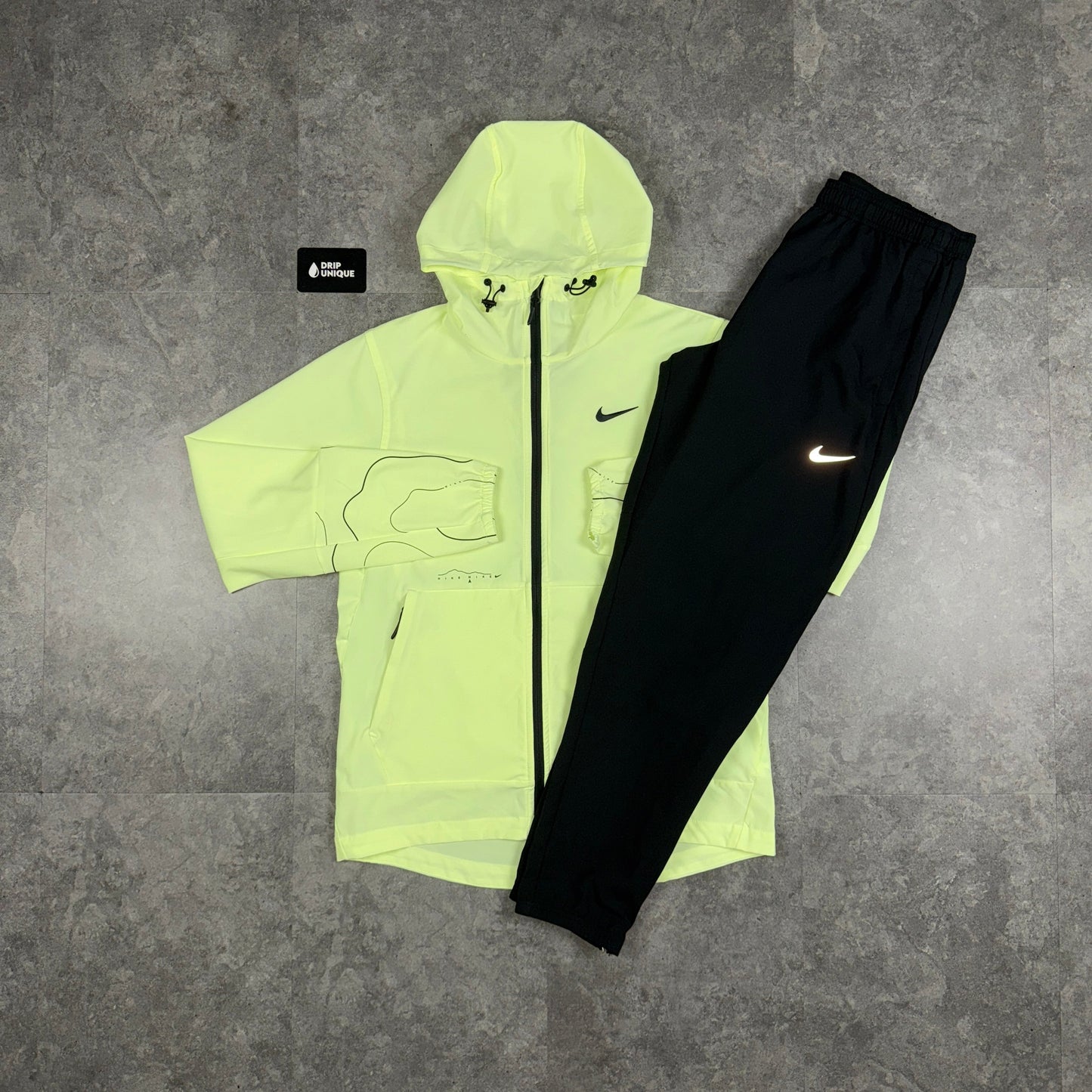 Nike Repel “Just Do It” Windrunner Jacket Barely Volt & Black Nike Challenger Pants Set