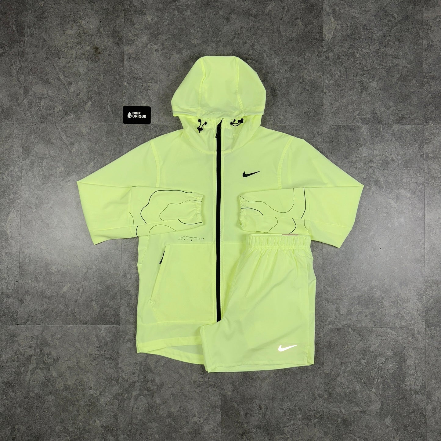 Nike Repel “Just Do It” Windrunner Jacket Barely Volt & Volt Challenger Shorts Set