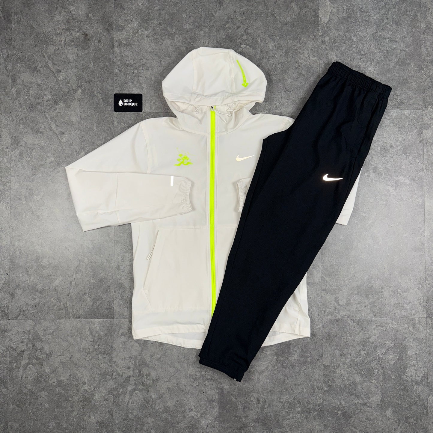 Nike Repel “Just Do It” Windrunner Jacket White & Black Nike Challenger Pants Set