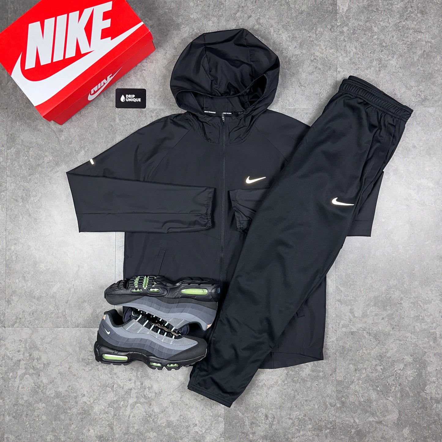 Nike Repel Miler Windrunner Jacket Black & Black Nike Challenger Pants Set