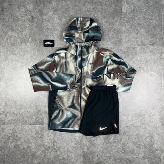 Nike Repel Miler Windrunner Jacket Black Multicolour & Black Flex Stride Shorts Set