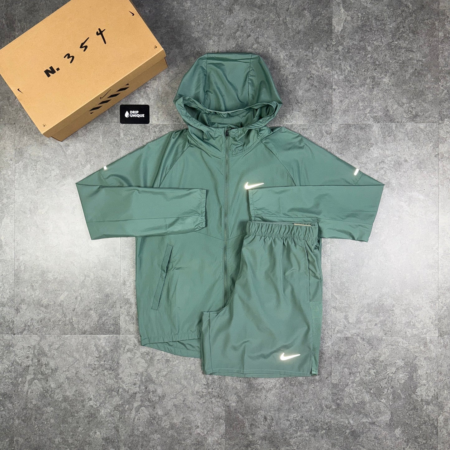 Nike Repel Miler Windrunner Jacket Clay Green & Green Challenger Shorts Set