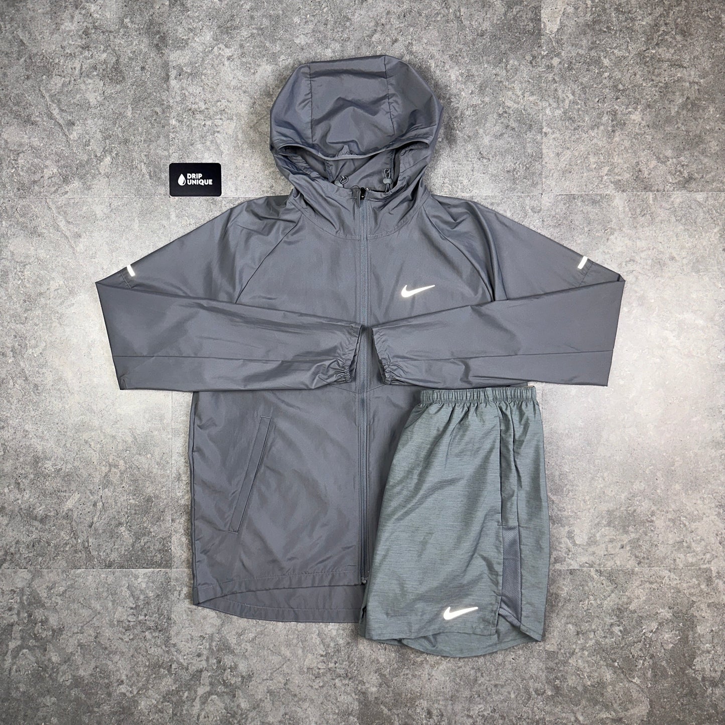 Nike Repel Miler Windrunner Jacket Grey & Grey Challenger Shorts Set