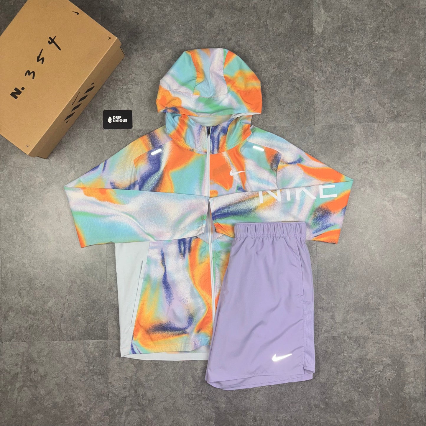 Nike Repel Miler Windrunner Jacket Multicolour & Lavender Challenger Shorts Set