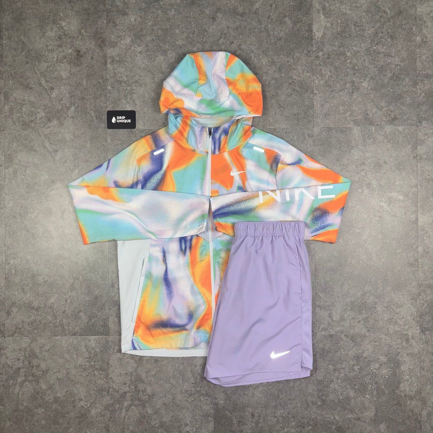 Nike Repel Miler Windrunner Jacket Multicolour & Lavender Challenger Shorts Set
